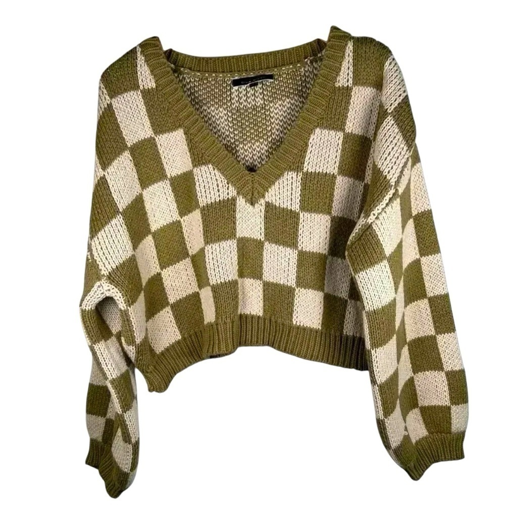 Blue Blush Size Large Checkered Sweater Crop Oversized Preppy
